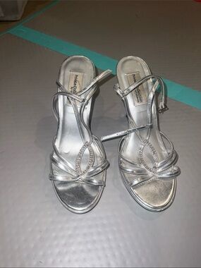 Private Collection Silver Crystal-Accent Strappy Heels